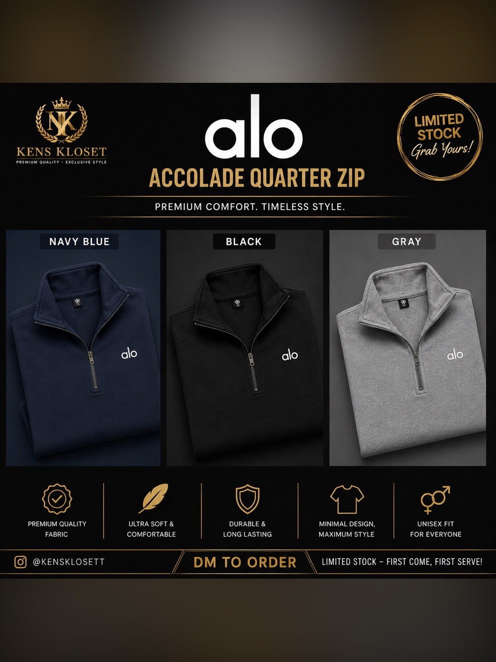 ALO Yoga Accolade Quarter Zip Sweater - Navy Blue, Black, Gray